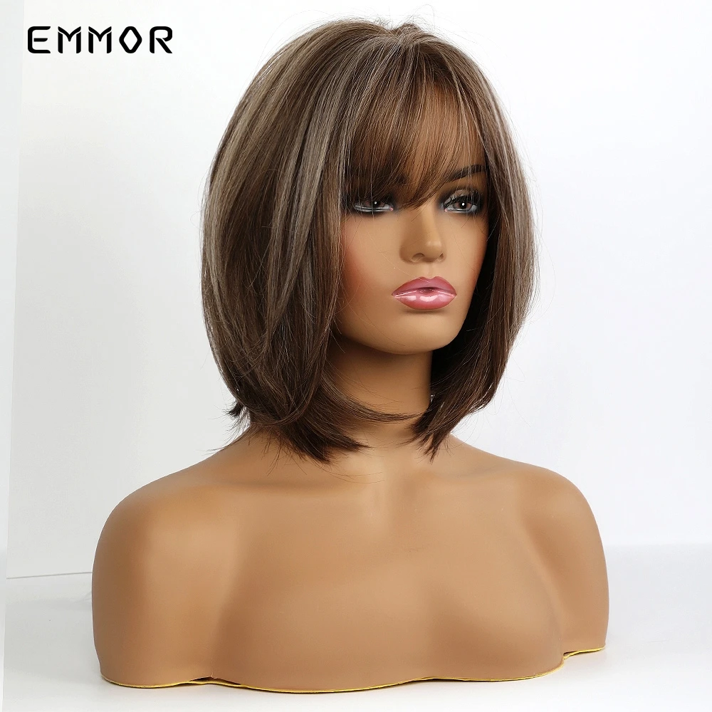 EMMOR Short Straight Light Brown Layered Hair Wig with Highlights for Women Heat Resistant Natural Synthetic Bob Wigs with Bangs