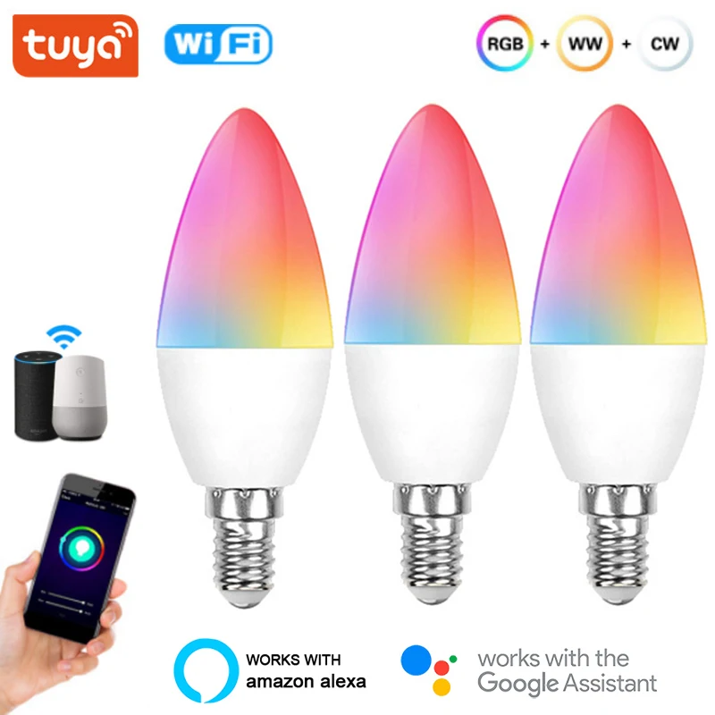 Tuya WiFi E14 E12 Smart Bulb RGB+W+C LED Candle Bulb Dimmable Light
