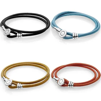 

925 Sterling Silver Bracelet Multicolor Double Leather With Logo Button Clasp Bracelet Bangle Fit Bead Charm Diy Europe Jewelry