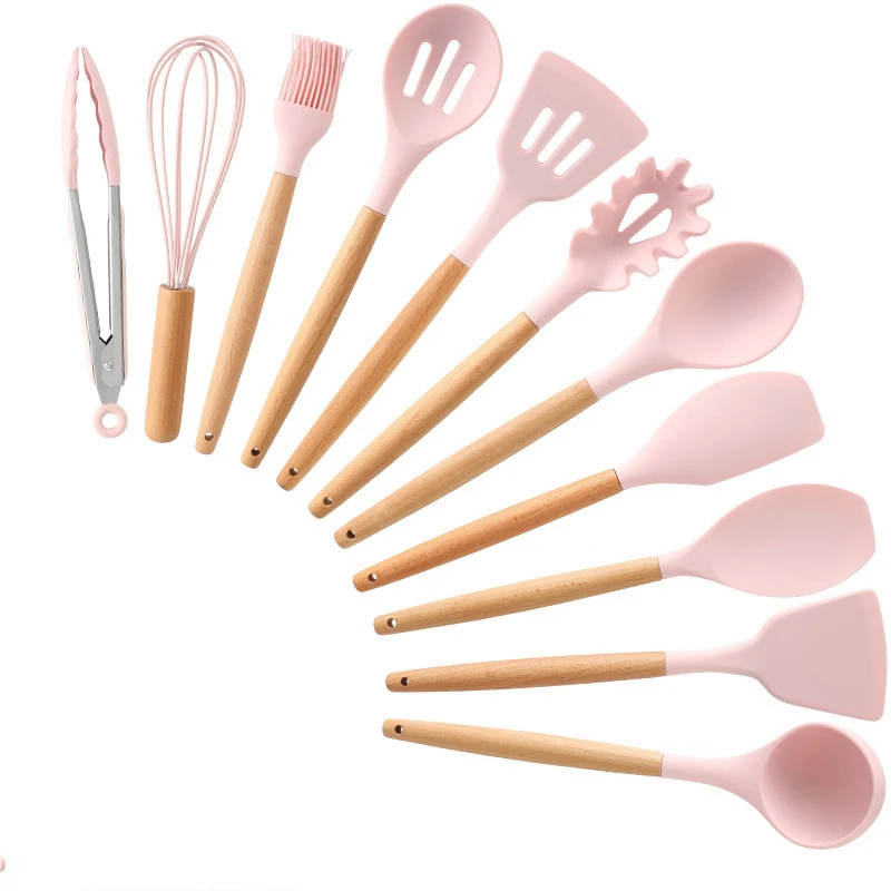 11-Pcs Kitchen set 11~ 13 шт набор кухонных принадлежностей, силиконовая посуда для приготовления пищи, шпатель с твердой деревянной ручкой, щипцы, 4 цвета, кухонные инструменты для приготовления пищи - Цвет: 11-Pcs Kitchen set