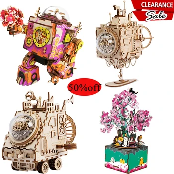 

Robotime DIY Wooden Music Box 3D Rotating Cherry Tree Steampunk Robots Clockwork Puzzle Assembly Toys Clearence Sale