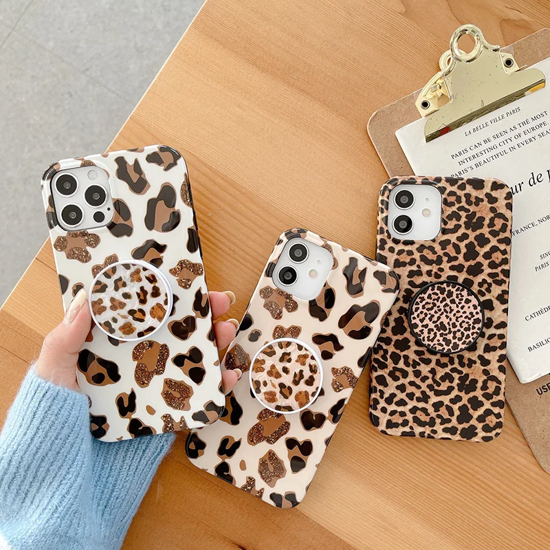 Hot Glitter gem Leopard Bracket support soft silicon phone case for apple iphone 7 8 plus 11 Pro X XS XR MAX 12 MiNi SE cover | Мобильные