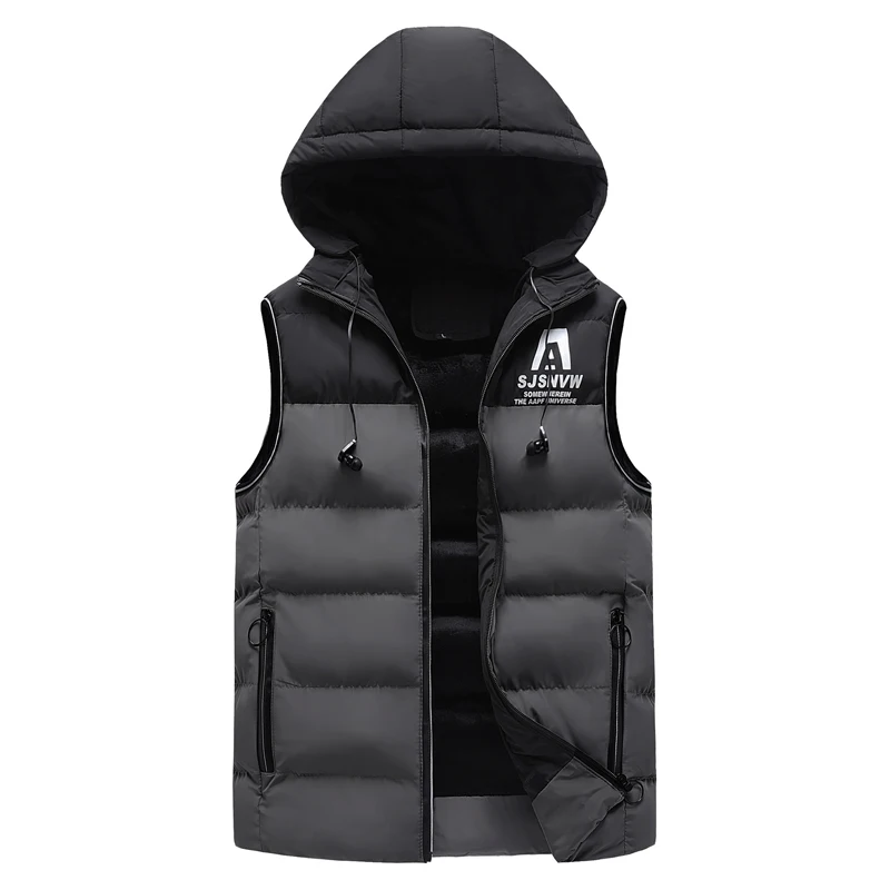 

Autumn Winter Hooded Thick Vest Men Sleeveless Jacket Fashion Patchwork Warm Cotton-Padded Vests Men's Waistcoat Hat Detachable