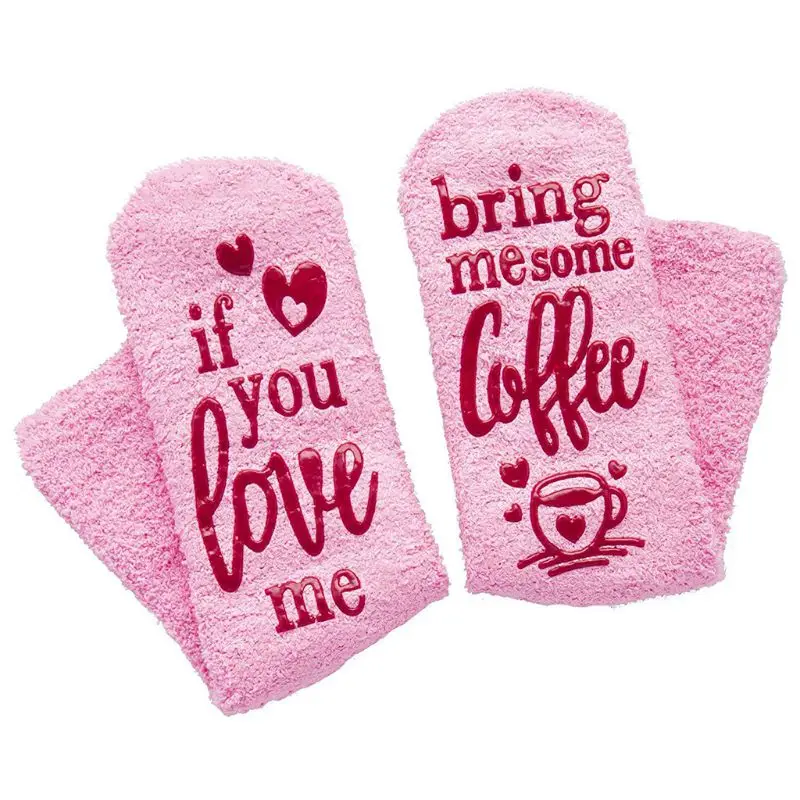 20 см женские новые розовые пушистые носки смешные слова вино кофе шоколад теплые чулочно-носочные изделия - Цвет: A