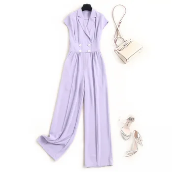 

Women elegant rompers and jumpsuits summer 2020 solid color office lady double breasted long brief jumpsuit black purple