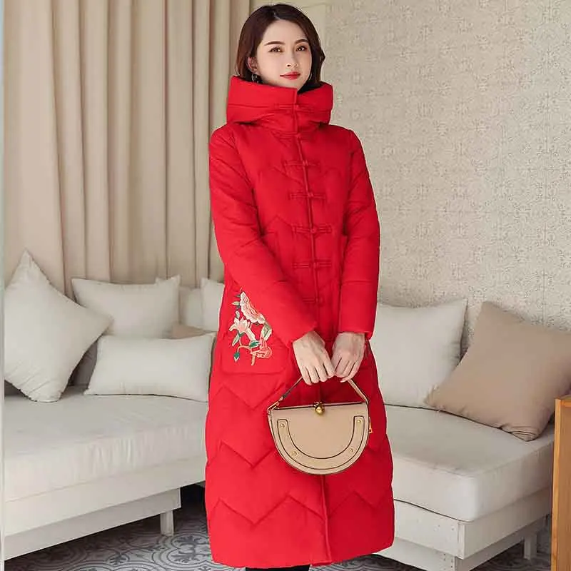 Пальто для женщин зимние теплые Цветочные Вышивка с капюшоном карманы куртка повседневное Длинные рукава пальто большой размер - Цвет: Красный