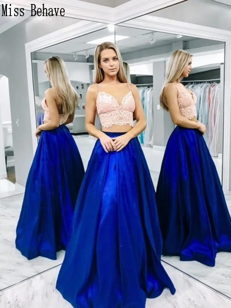 

DD JYOY Srxy Two Pieces Royal Blue Prom Dress Long 2020 Pink Lace Body Long Evening Dress Sweetheart Party Gown