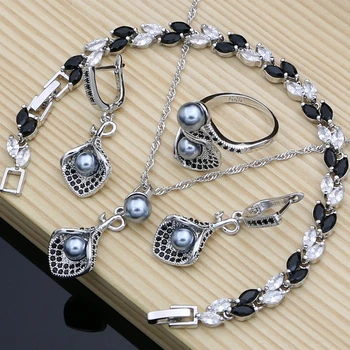 

Horn 925 Silver Bridal Jewelry Sets Black Zircon Pearls Bead Women Party Earrings With Stone Plant Design Ring Bracelet Set