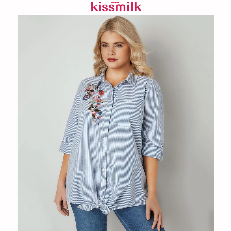 Женская блузка Kissmilk рубашка в синюю полоску с длинным рукавом и цветочной