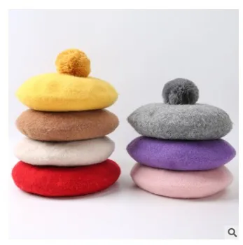 

sweet rabbit hair ball wool sky blue beret painter hat girl mother and daughter