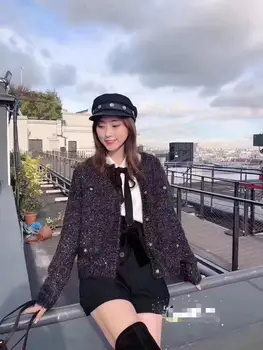 

Women Jacket New Round Neck Bright Button Knit Coat