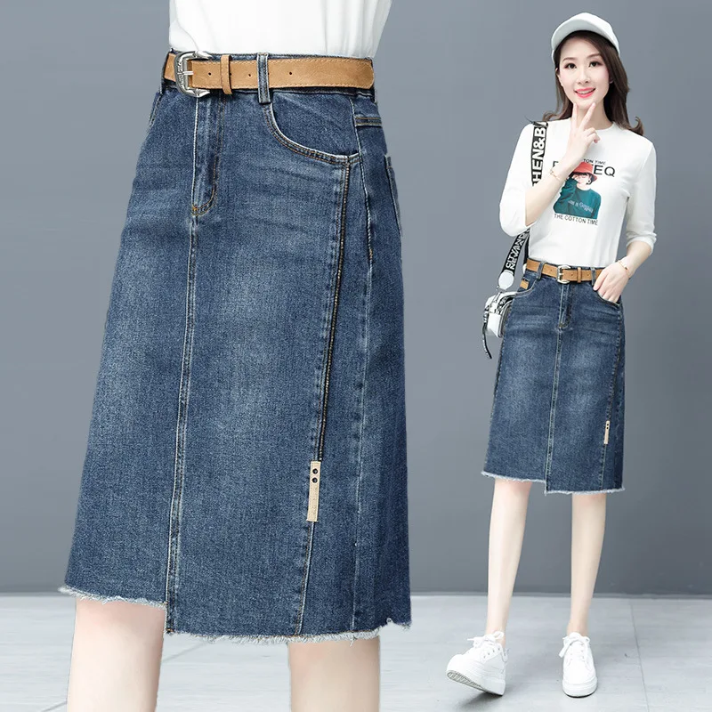 

Denim Skirt Female Spring 2020 New Style Korean-style High-waisted Slimming Versatile Irregular Mid-length Sheath Skirt
