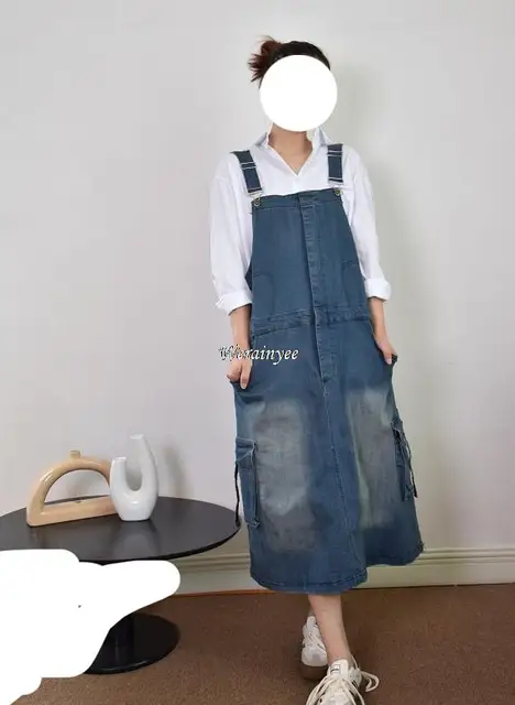 Women Loose Denim Big Pocket Dress Ladies retro Bleached Denim Dress Female Spaghetti Strap Dresses 2020 1