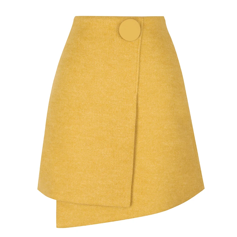 Женская зимняя желтая шерстяная юбка высокого качества, модная Офисная Женская тренировочная юбка, Женская пуговица, посылка, мини-юбки - Цвет: yellow