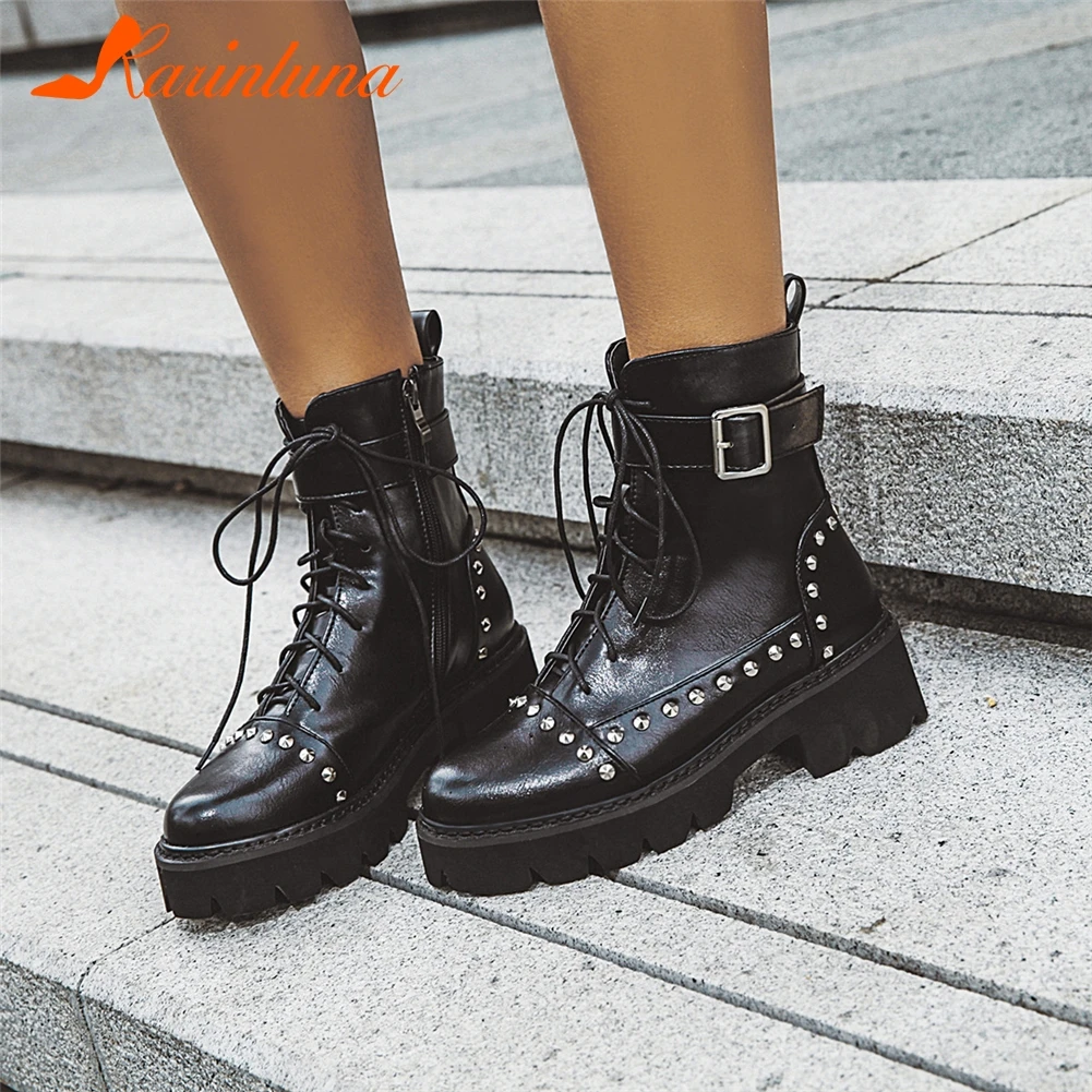 

KARINLUNA Autumn Plus Size 33-43 Add Fur Booties Ladies Cool Rivet Motorcycle Boots Women 2019 chunky heels Platform Shoes Woman