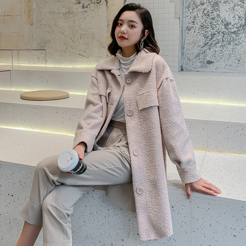 

New 2019 Women Autumn Winter Faux Lamb Wool Blends Korean Coat Cashmere Coats High Quality Luxury Loose Plus Size Female Jackets