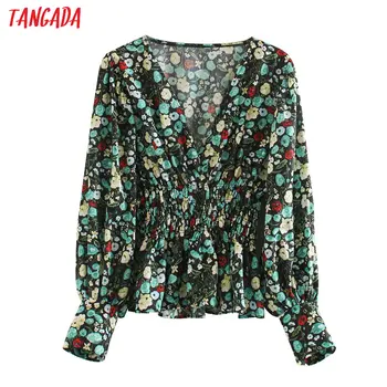 

Tangada women retro floral print strethy waist tunic blouse long sleeve chic female casual slim shirt blusas femininas 2W143