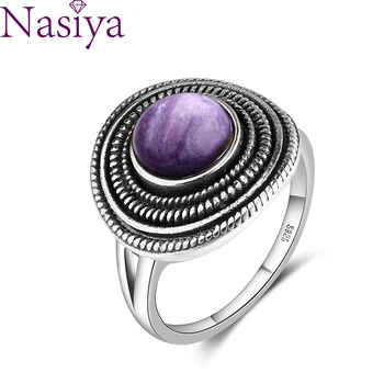 

8MM Round Natural Charoite Beads Rings Cap Shape Women's S925 Sterling Silver Ring Vintage Style Fine Jewelri