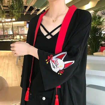 

Japanese Kimono Women Harajuku Japanese Shirts Embroided Fox Blouses Loose Casual Tops Blouses Kimono Cosplay Kimono With Belt