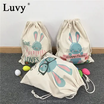 

Easter Basket Bunny Bags 3 Colors Easter Egg Packaging Rabbit Printed Easter Canvas Drawstring Gift Bag For Easter Decorations