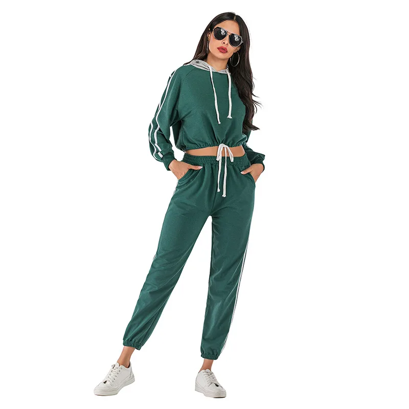 

New 2019 Autumn Winter Tracksuit Long Sleeve Thicken Hooded Stripe Sweatshirts 2 Piece Set Casual Sport Suit Women Tracksuit Set