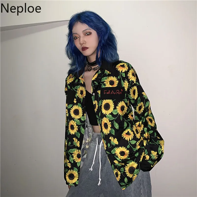 

Neploe Harajuku Streetwear Blouse Shirt Sunflowers Printed Long Sleeve Causal Blusas Korean Women Oversized Tops with Tie 55895