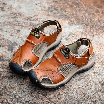 

2020 summer new leather sandals male non-slip waterproof and deodorant tide full leather soft bottom Baotou outdoor beach shoes