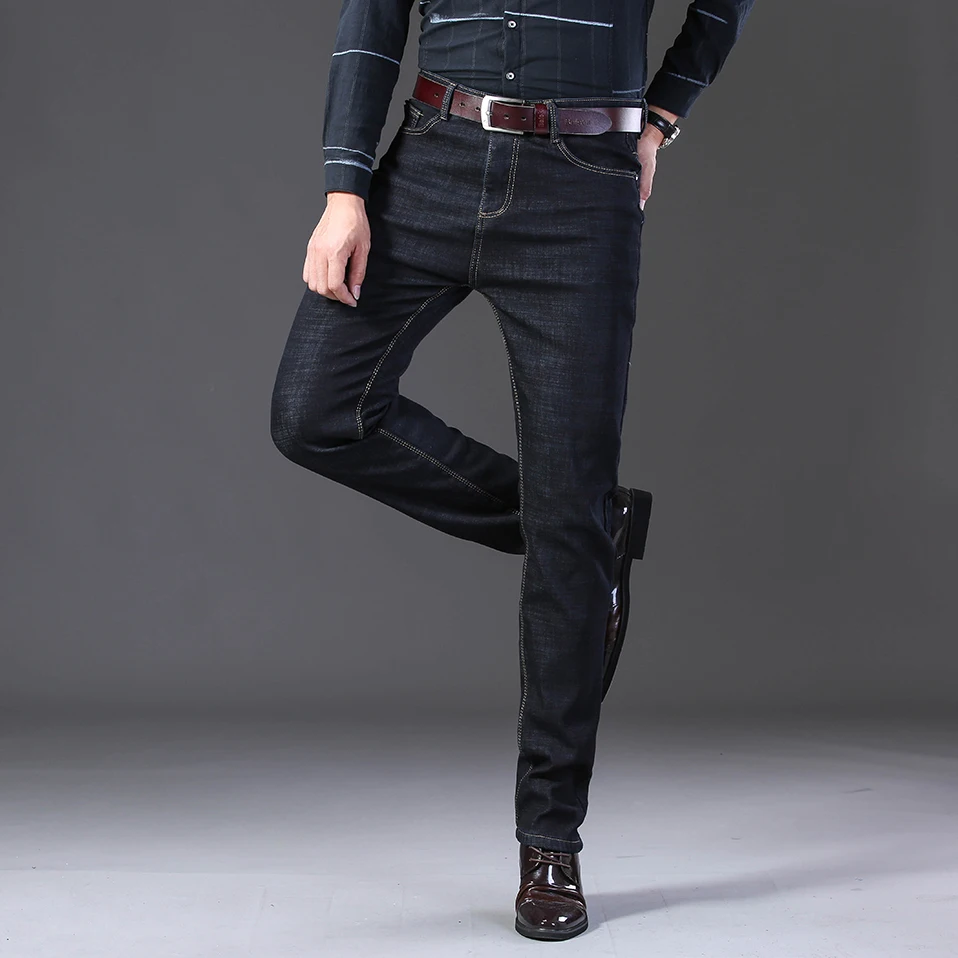 NIGRITY зимние мужские теплые флисовые джинсы стрейч повседневные Прямые толстые джинсовые фланелевые джинсы мягкие брюки