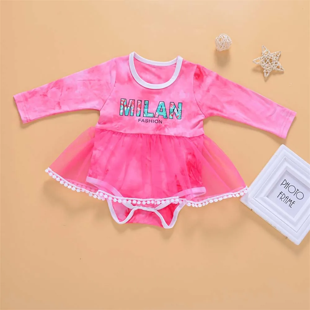 

2020 infant toddler Baby Girls Cotton Romper Long sleeve Short Crew Neck Tie Dye Letter Print Bodysuit Tulle Tutu Dress princess