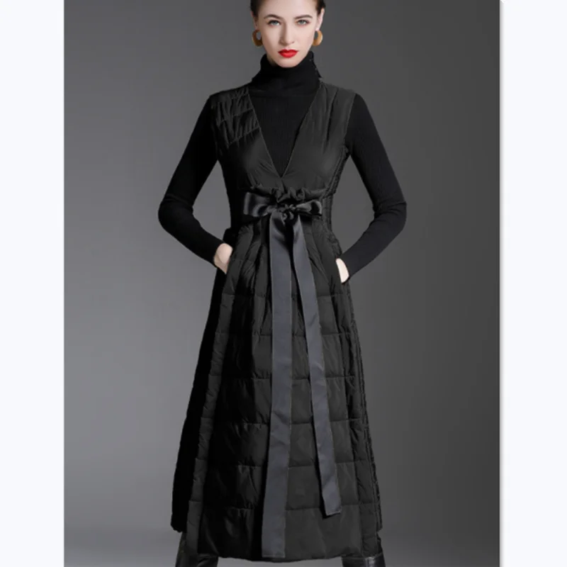 Autumn And Winter Duck Down Long Skirt Thin And Warm Waist Waist Big Swing Sleeveless Pullover Down Jacket Women Long Dress