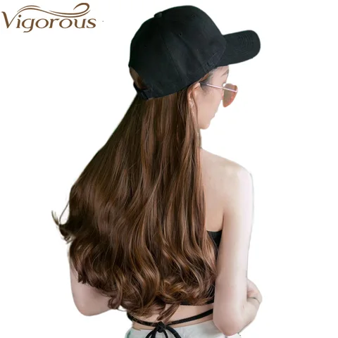 Boné de Beisebol com Longas Extensões de Cabelo Preto com Longas Sintético para a Festa de Meninas Vigorosa Ondulado Fácil Desgaste Cap