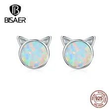 BISAER, серьги с милым котом, 925 пробы, серебро, Китти, кот, опал, серьги-гвоздики для женщин, девушек, модное ювелирное изделие, подарок, Brincos GXE538-Q