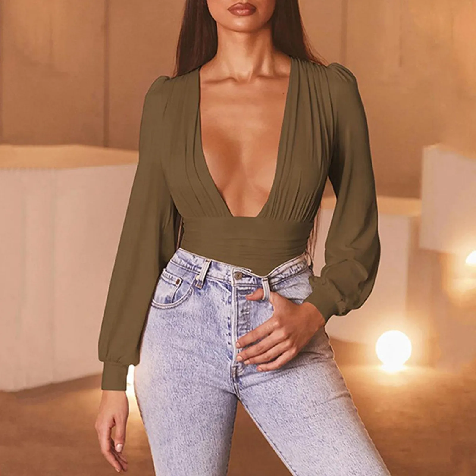 Jumpsuit Women Sexy Low Chest Outfits Low cut Solid Color Slim Long sleeved Hip Package Jumpsuit Body Top Женская Одежда