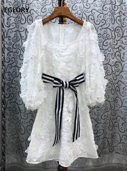 

Top Quality White Dress 2020 Summer Lux Party Women Allover Exquisite Embroidery Striped Belt Deco Lantern Sleeve Dress Mini