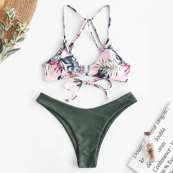 

ZAFUL Bikini Women Floral Strappy Mix Match Bikini Set Padded Spaghetti Straps Wire Free Swim Suit Strappy Swimwear Bathing Suit