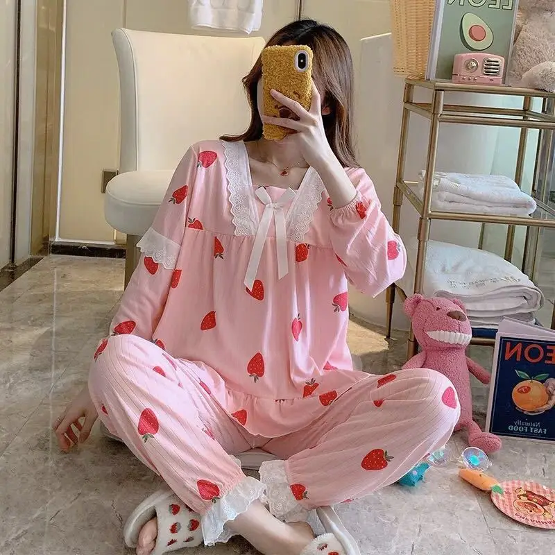 Sanderala Sexy Women Strawberry Pajama Sets V Neck Women Elegant Gown Home Pajamas Cute Bathwear Autumn Clothes Women