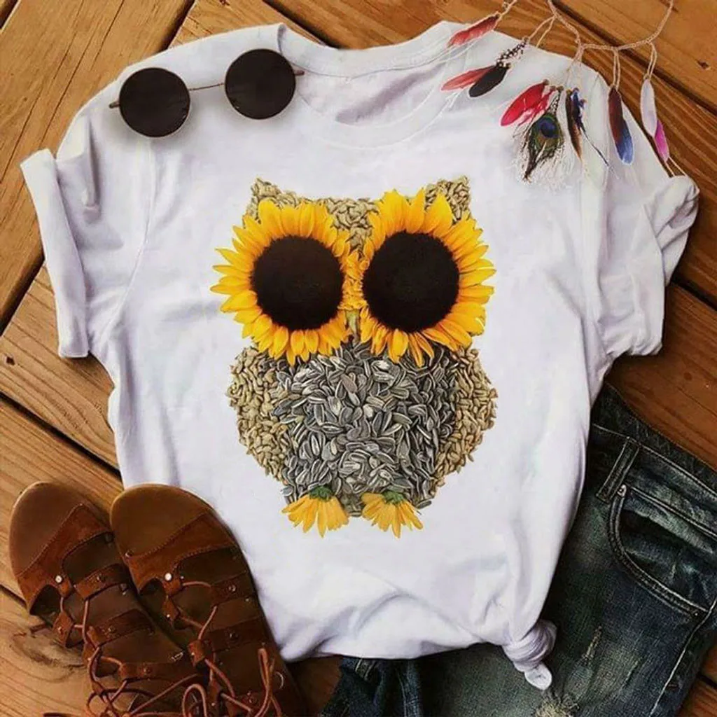 

Women's Owl Sunflower Print Short Sleeve Round Neck Top Fashion Summer Wild Basic Printed T-shirt Short Sleeve Top 04*