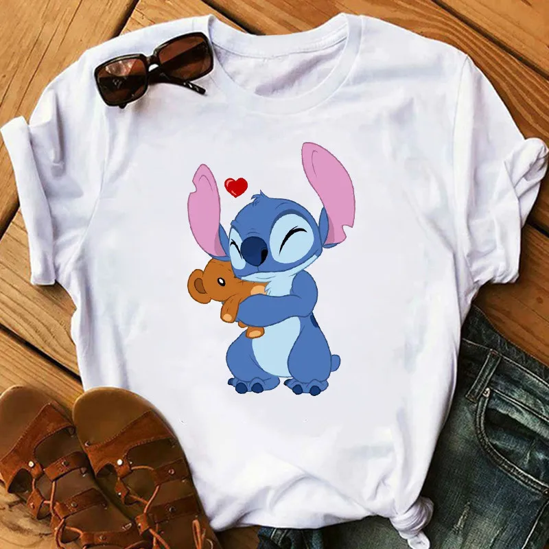 Женская модная футболка Lilo Stitch Harajuku милые футболки с милым мультяшным принтом женская Повседневная футболка милые повседневные топы - Цвет: WTQ2012-White