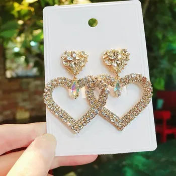 

Korean New Luxury Elegant Shiny Crystal Hollow Heart Long Pendientes Dangle Earrings For Female Party Jewelry