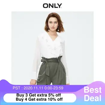 

ONLY summer new style solid color sweet V-neck ruffled mid-length long-sleeved shirt women | 119305523