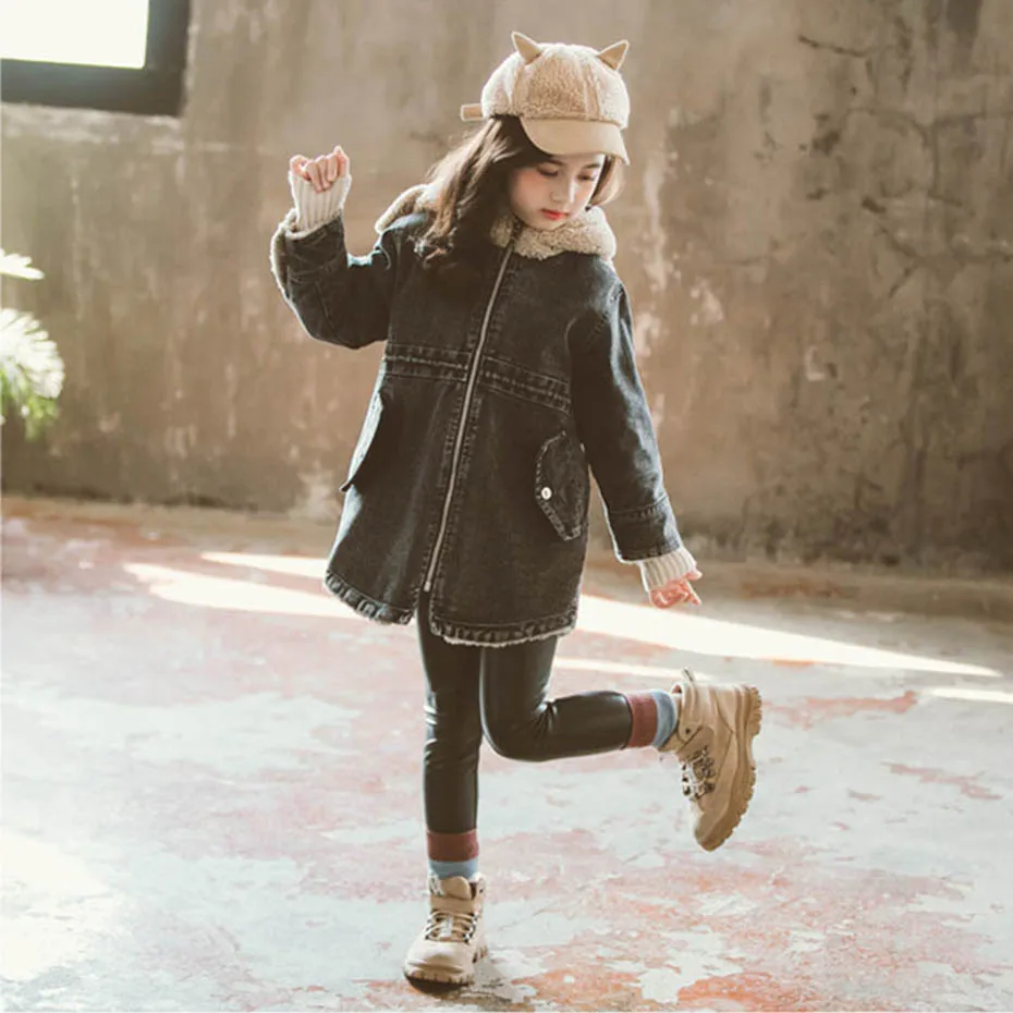 Kids Jacket Thick Plus Velvet Denim Jacket For Girls Patchwork Hooded Children's Windbreakers Fashion Girls Winter Clothes Party