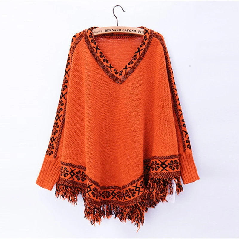Autumn and Winter New Korean Style Tassel Shawl Cloak V-neck Loose Sweater Coat Large Size sweater Upper Sweater 2019 Autumn and Winter New Korean Style Tassel Shawl Cloak V-neck Loose Sweater Coat Large Size sweater Upper Sweater 2019