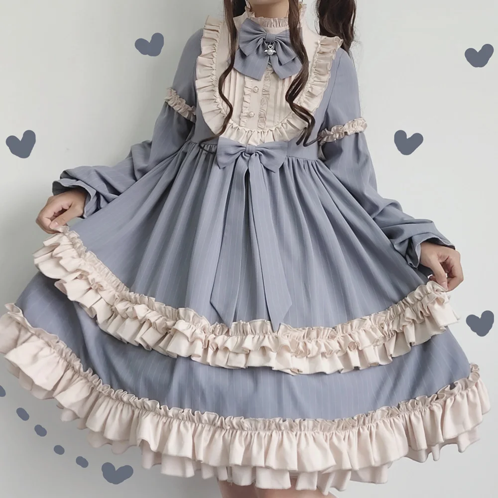 

Sweet Cocoa Milkshake Vintage Stripe Cute Bow Ruffles OP Dress Women's Party Autumn Winter Long Sleeve Elegant Princess Dress