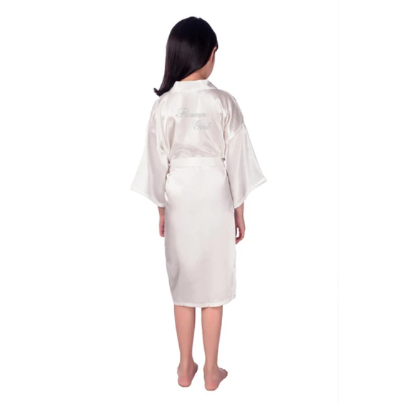 Flower Girl Rhinestones Letter Kimono Satin Silk Kids Robe Children Party Weeding Spa Solid Sleepwear Girls Robes L240