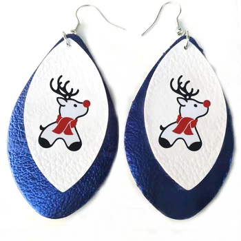 

New Red Nosed Reindeer Custom Leather Earrings Glitter Double Layer Christmas Teardrop Earrings Holiday Gifts