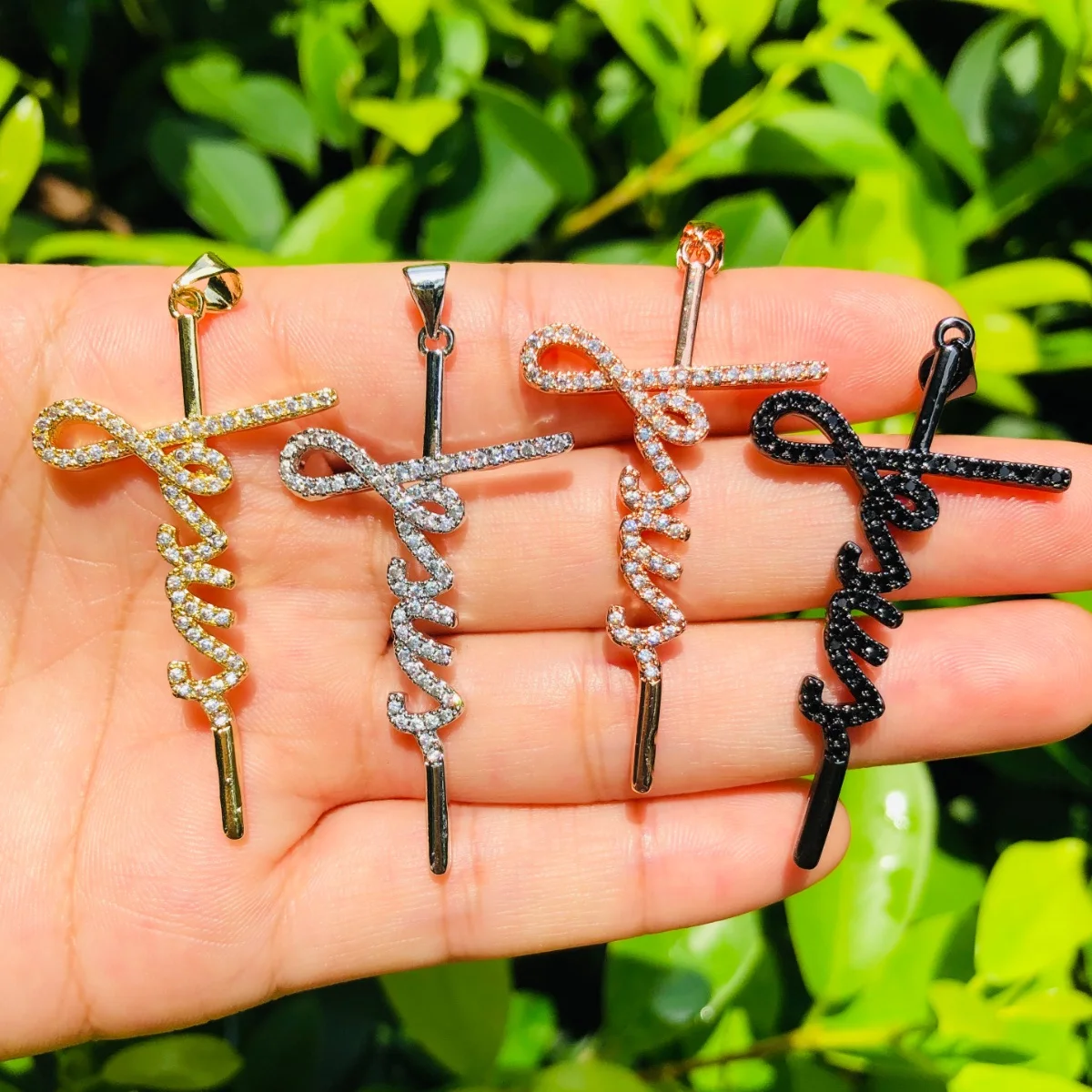 

5pcs Jesus Cross Pendants for Women Bracelet Necklace Making Religious Word Charms Bling Clear Stone Jewelry Accessory Wholesale