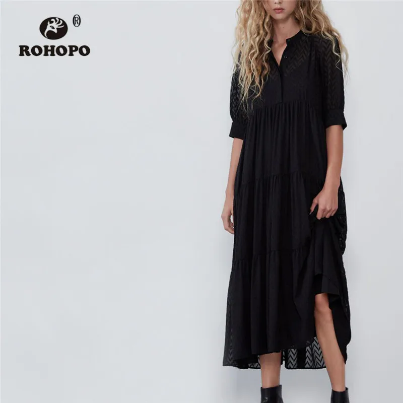 

ROHOPO Round Collar Embroidery Wave Cake Layer Black Chiffon Midi Dress Double Layers Top Buttons Ruffled Maxi Vestido #9372