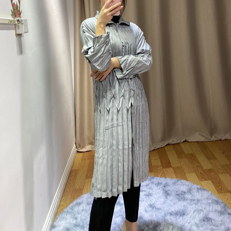 Весенняя Новинка MIYAKE плиссированная ветровка Модный Дизайн однобортный дышащий льняной воротник длинное пальто для женщин