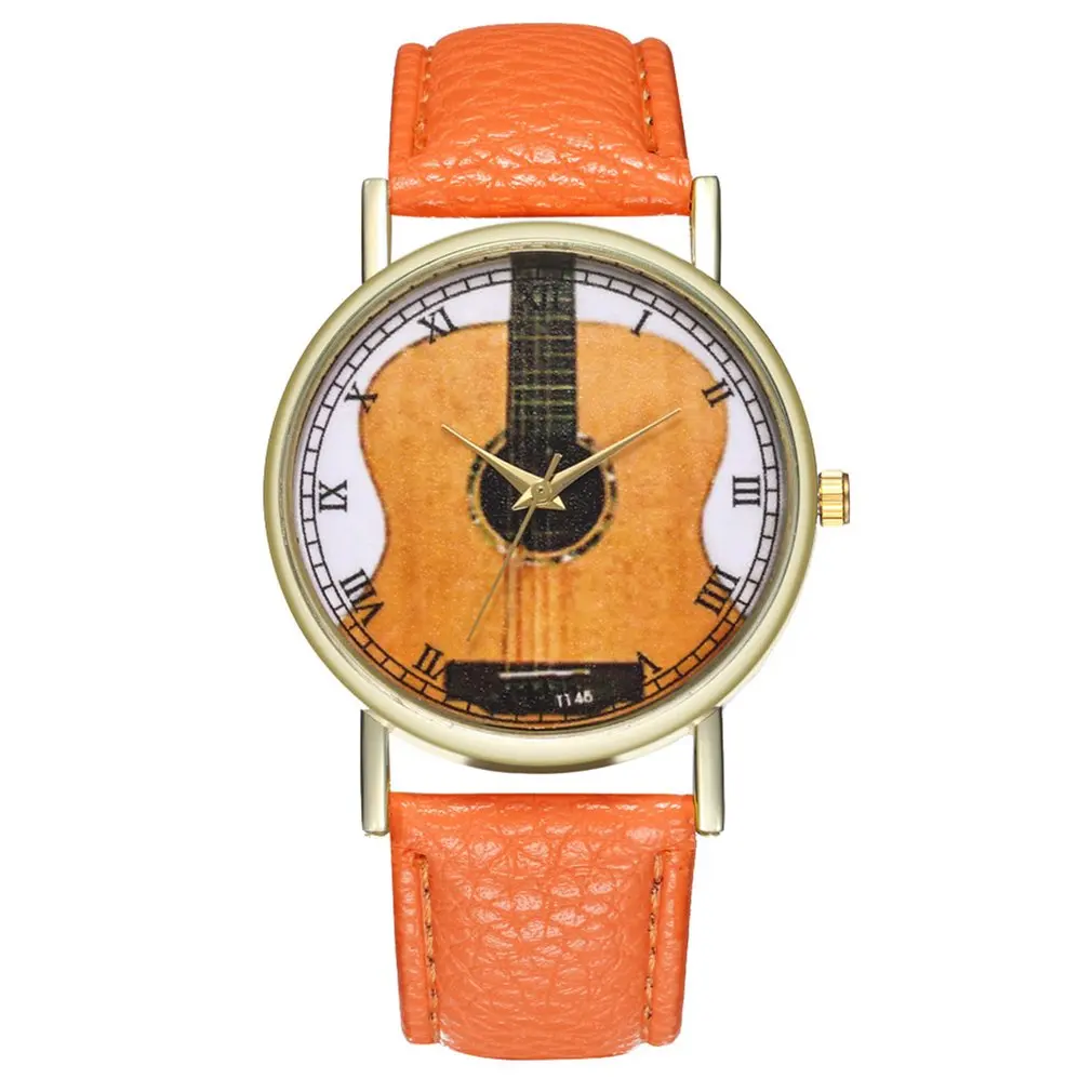 Уникальные Кварцевые часы с кожаным ремешком, с узором гитары, наручные часы с ремешком, Аналоговый кварцевый Циферблат, роскошные часы для трендовых мужчин и женщин A20