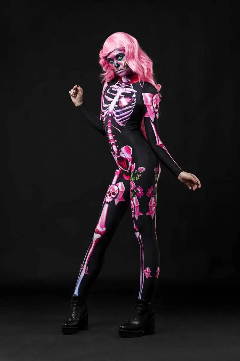 Страшный в виде скелета на Хэллоуин принт женский костюм ужас карнавал Joking Catsuit комбинезон боди с длинным рукавом для девушек Розовый Скелет Хэллоуин комбинезон для косплея Женский страшный костюм причудливое
